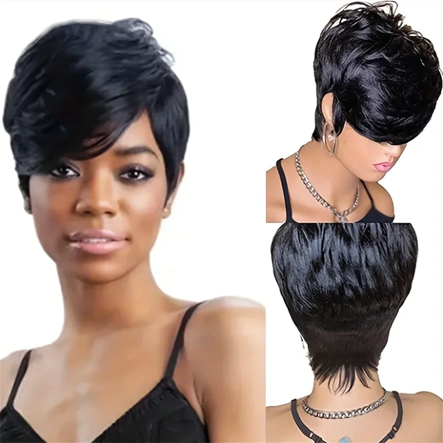 Pixie Cut Echthaar Maschine gemacht Remy Perücke 6 Zoll natürliche schwarze Farbe 150% Dichte tägliche Party verwenden Perücke kurze gerade Pixie Perücke