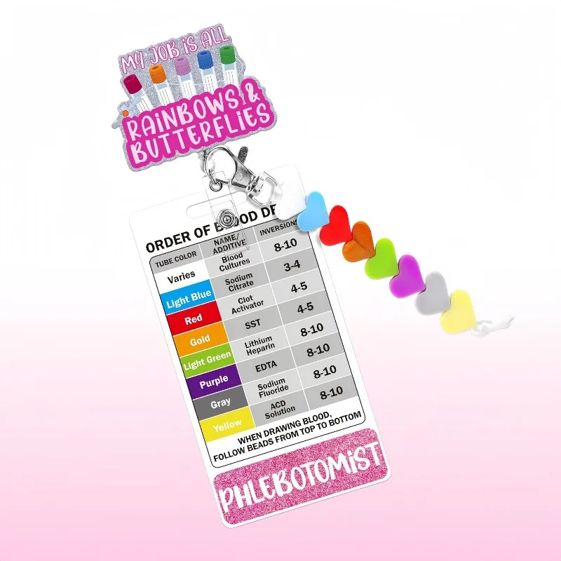 Nurse Phlebotomy Order Card with Retractable ID Badge Reel Heart Keychain Lanyard for Lab Draw Sequence Medical Accessory