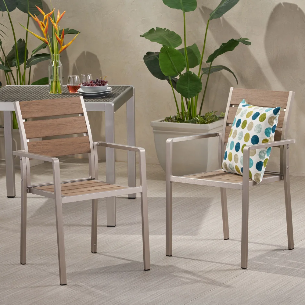 

YQXH Outdoor Modern Aluminum Dining Chair with Faux Wood Seat (Set of 2), Natural and Silver