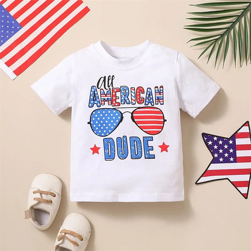 

Cute Toddler Boy s Summer T-shirt with Fun Independence Day Print Short Sleeve Casual Pullover Shirt for Kids with Stylish