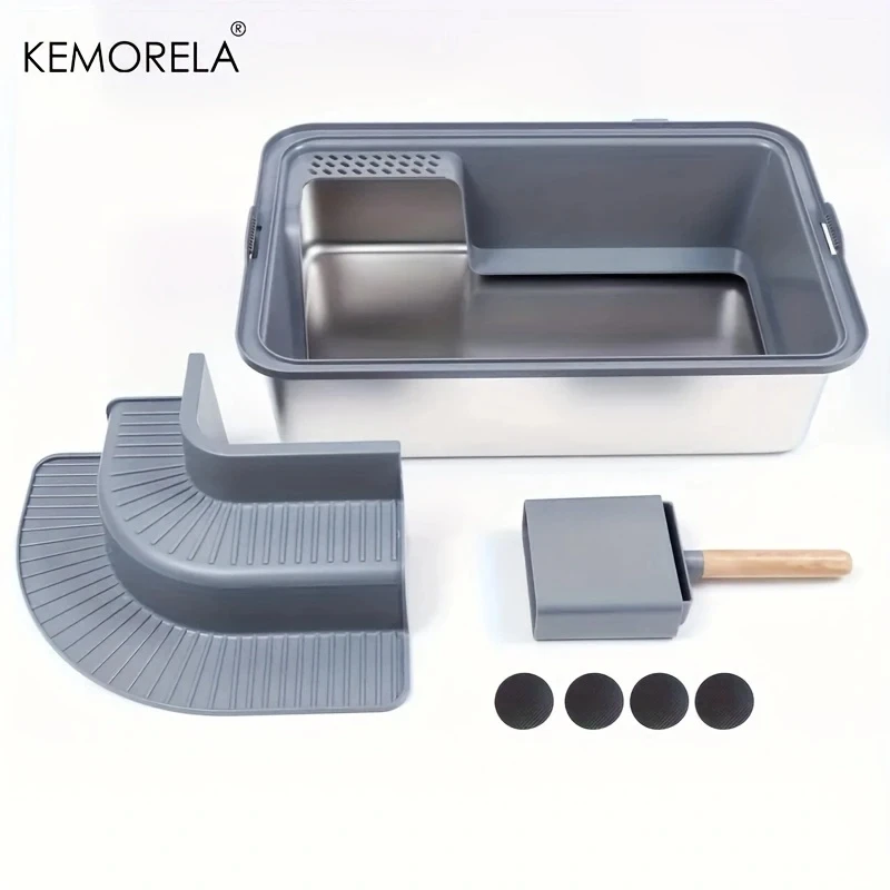 Extra Large 20L Stainless Steel Cat Litter Box With Stair Foot Pad Splash-Proof Easy To Clean Odorless Toilet Cat Litter Box view 3