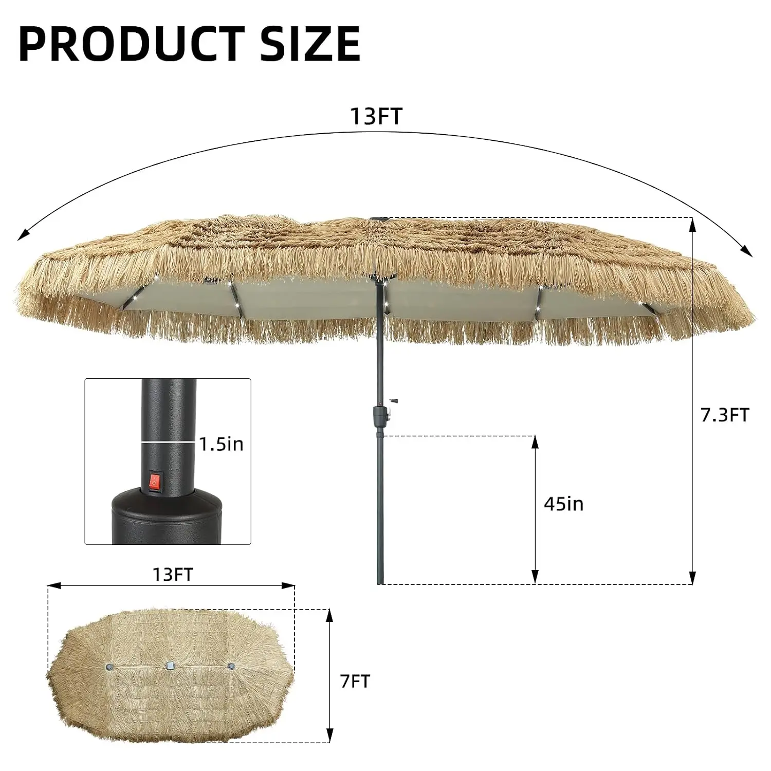 13ft Thatch Umbrella with Solar Lights Tiki Bench umbrella With Crank, Water-resistant for Bench, Patio,Pool, Customized