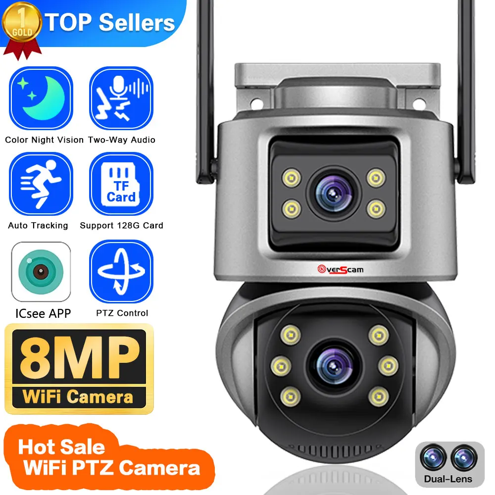 8MP 4K WIFI Camera Outdoor Dual Lens Dual Screen Night Vision Video Wifi Surveillance Camera PTZ CCTV Security Camera ICSEE APP