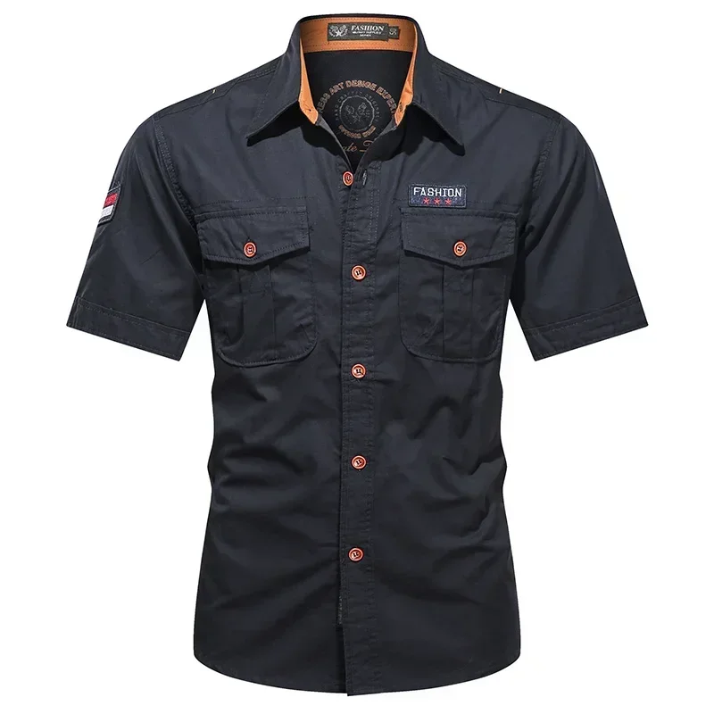 Men Summer Short Sleeved Shirts Multi Pockets Military Tooling Shirts New Male Cotton Outdoor Casual Shirts Size 5XL