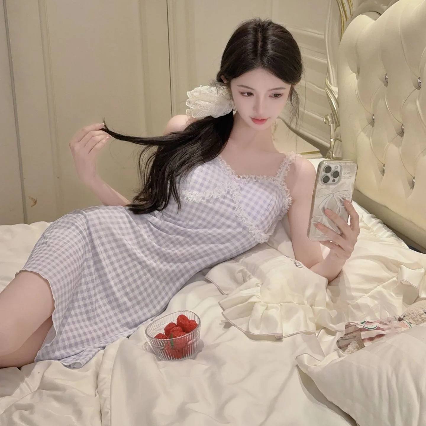 Сексуальная ночная рубашка на подтяжках в клетку с принтом, одежда для сна, домашнее платье, элегантная ночная рубашка во французском стиле, нижнее белье из ледяного шелка, одежда для отдыха