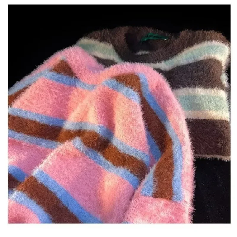 Y2k Striped Pullover Round Neck Sweater Women's Spring And Autumn Loose Korean Vintage Knitted Sweater Men's Couple Clothing