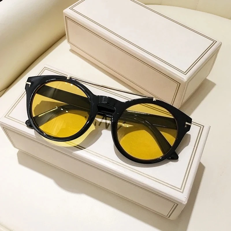Trendy Retro Round Rivet Sunglasses Women 2025 Brand Double Bridge Shade Eyewear Colorful Lens Gray Yellow Frame Men Sun Glasses 3