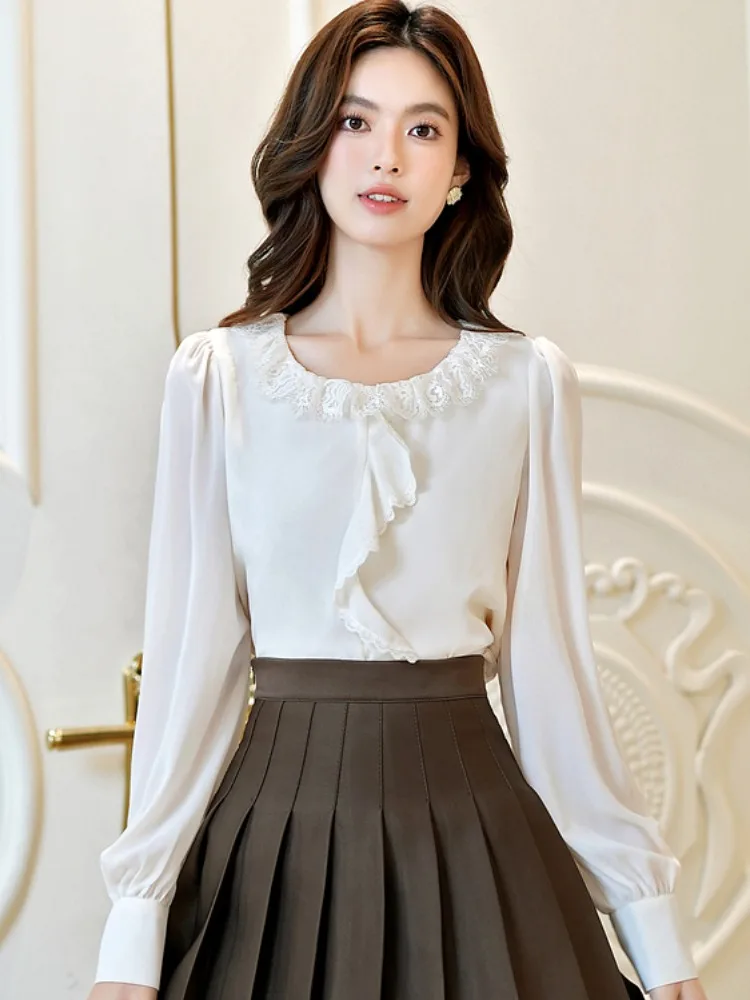 

Women's Long Sve Lace Splice Chiffon irt Spring Autumn Faion Ele Look Bell Design Versatile Straight Cut Top