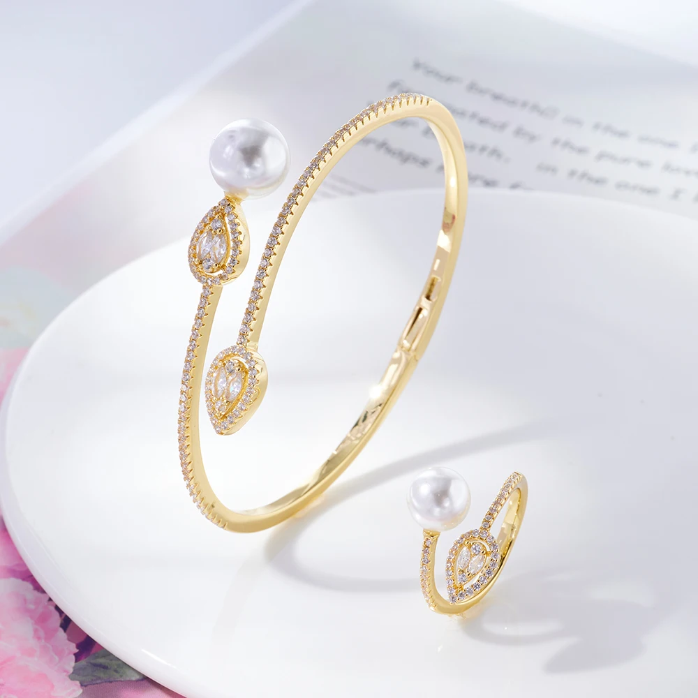 022538 Trendy Pearl Bangle Set for Women Cubic Zircon Bracelet Ring Dubai Charm Bridal Jewelry Accessories Wedding Engagement