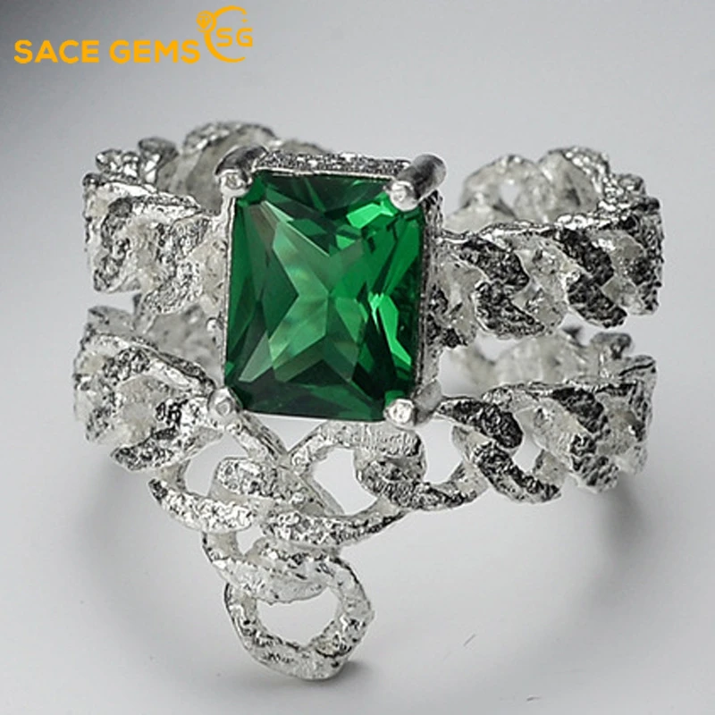 

SACE GEMS Rings for Women 100% S925 Sterling Silver Simple Hollow Texture Chain INS Wind Opening Emerald Index Finger Ring