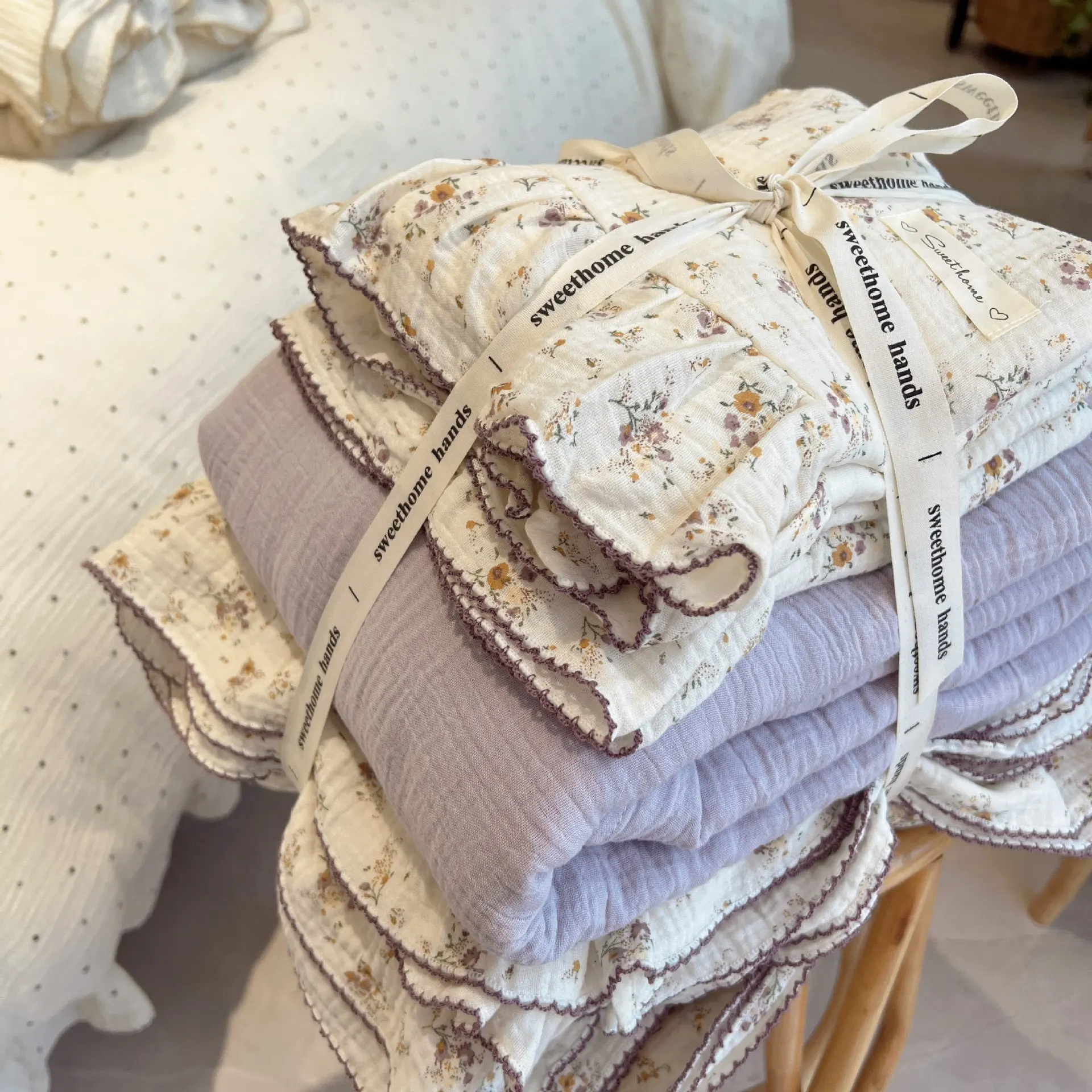 4pcs Ins Princess Ruffle Bedding Set Vintage Floral Muslin Gauze Cotton Girls Kids Bed Linen Duvet Cover Flat Sheet Pillowcases