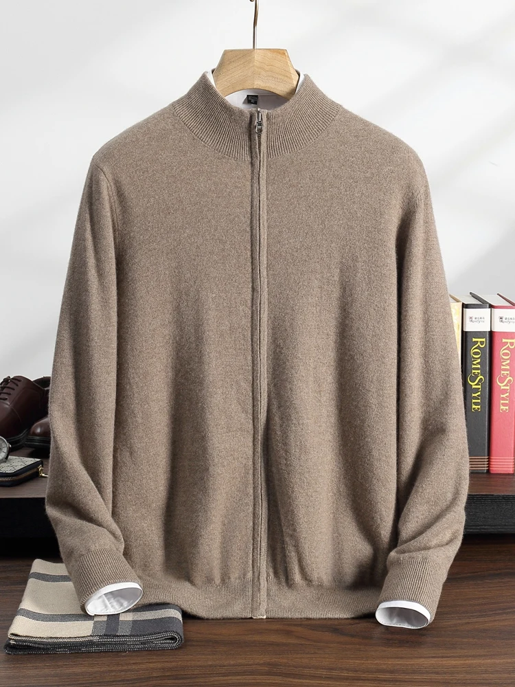 Autumn Winter Men's Mock Neck 100% Cashmere Sweater Luxury Zipper Knitted Cardigan Soft Thick Casual Double Sided Wearable Coat