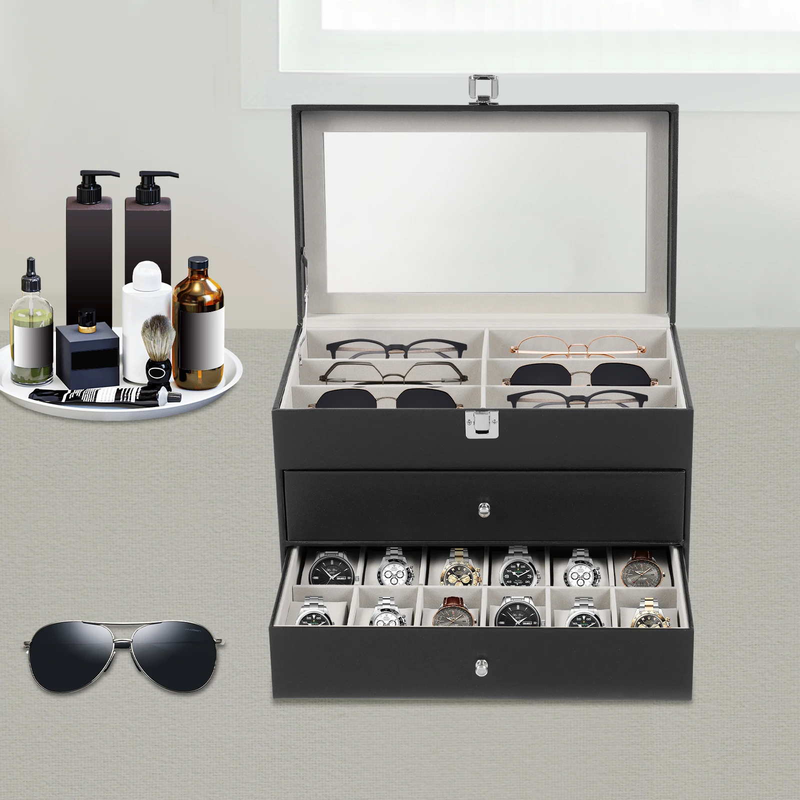 

3 Tiers Eyeglasses Storage Box Sunglass Watches Jewelry Display Case Dustproof Lockable Glasses Organizer