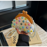 Colorful Beads Canvas Small Shell Shoulder Bags Wooden Hasp Pearl Beading Compact Crossbody Bags for Women 2024 Casual Cute