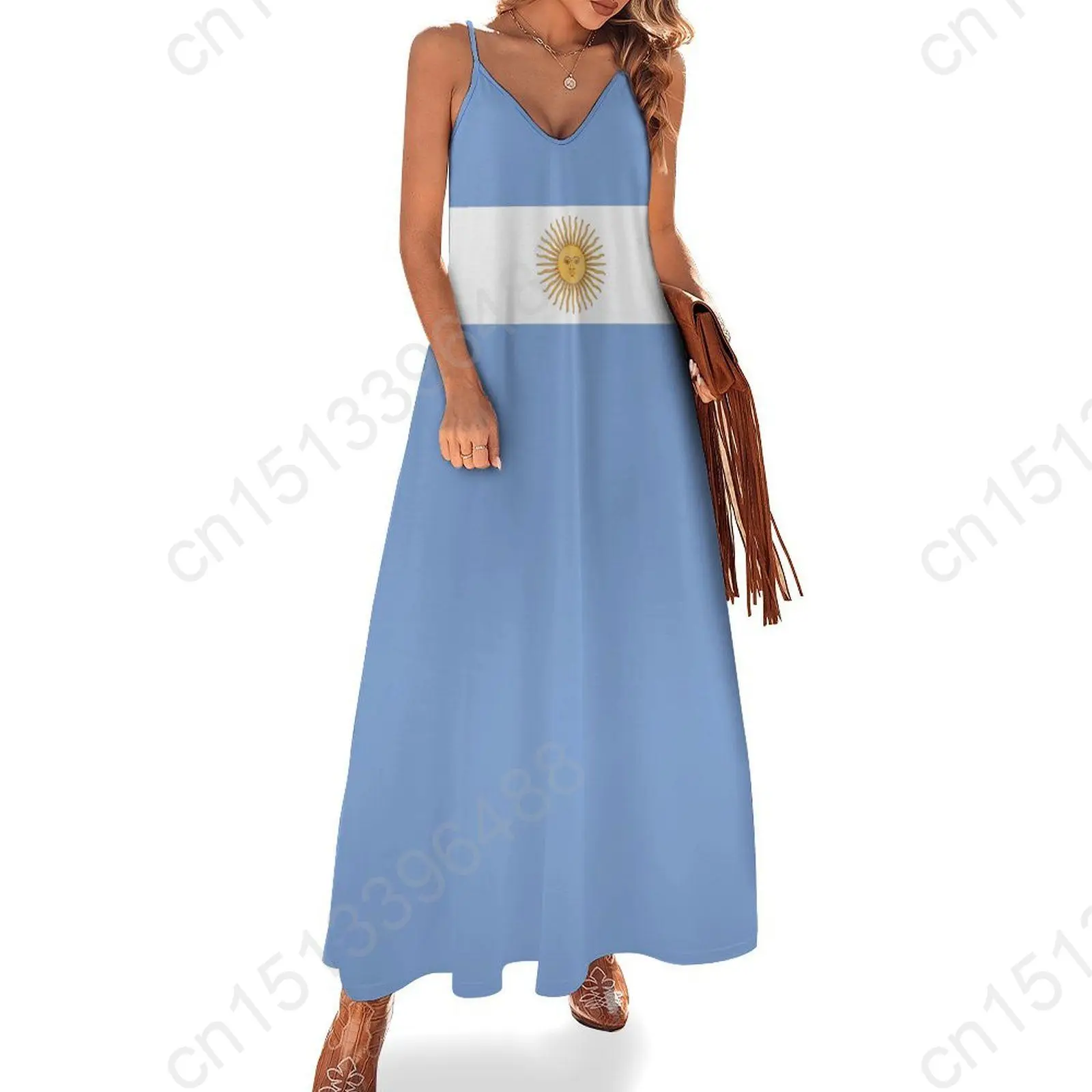 Vestido longo com estampa de bandeira argentina sem mangas, decote em v, vestido estampado, balanço retrô, casual, novo