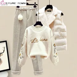 2023 Autumn/Winter Gentle Style Wear Temperament Vest Sweater Pants Autumn/Winter Set Women's Three Piece Set