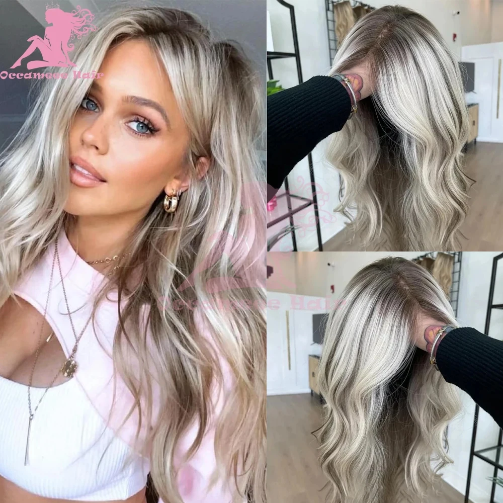 100 Echthaar-Perücke, aschblond, dunkle Wurzeln, gewellt, Highlight, brasilianische Perücken, 13 x 6, transparente Spitze, farbig, bereit zum Tragen