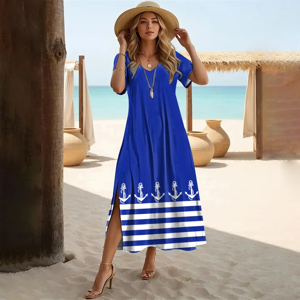 

Elegant Women's V-Neck Dress Anchor Print Summer Dresses Woman Fashions Short Sleeve Clothing Simplicity Oversized Clothes 2024