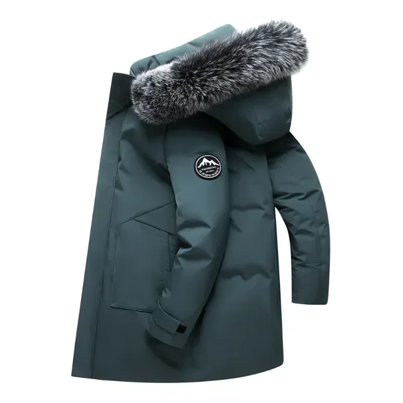 Chaqueta larga de invierno para hombre, abrigo ligero de lujo a la moda con capucha y cuello de piel grande, plumón de pato blanco cálido, Parka