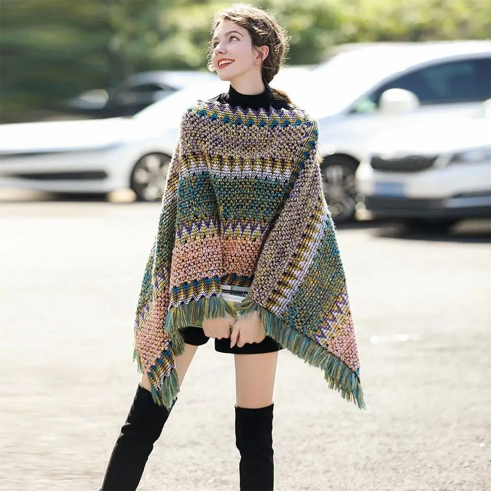 Soft Winter Warm Mongolian Poncho Striped Ethnic Style Knitting Wraps Polyester Knitted Cape Women Fashion