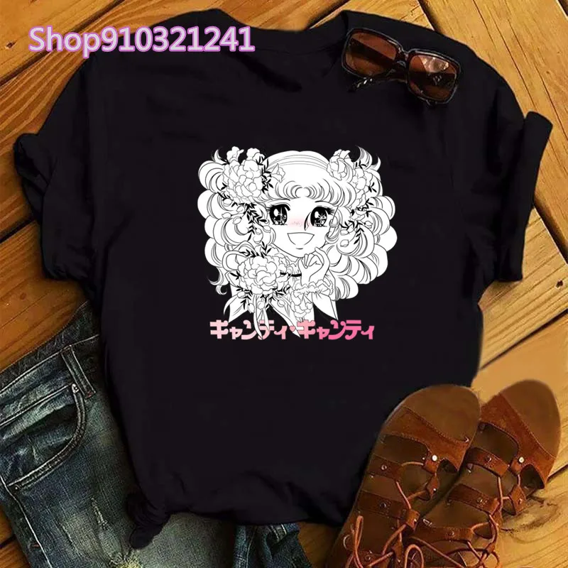 Kawaii Anime Candy Candy T-shirt Women Summer Short Sleeve Cute Black T-shirt Printed Harajuku Tshirt Graphic Tops Tee Female