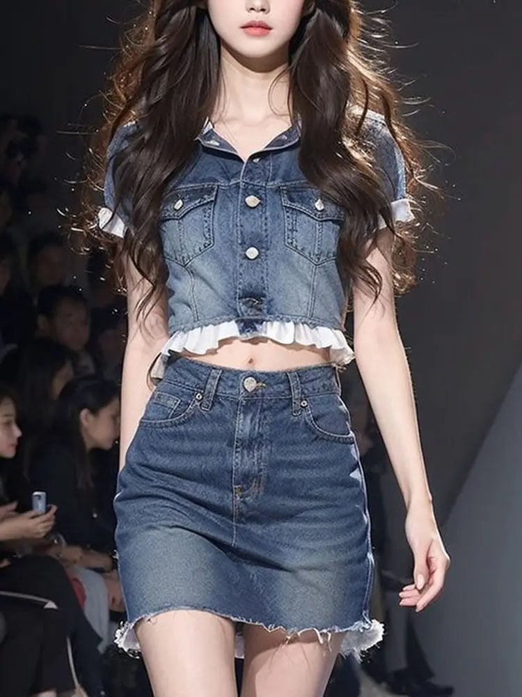 Korea Denim Two Piece Suit High Waist Mini Skirt Women Hot Sweet Girls Vintage Bodycon A-Line Summer New Denim Top Short Sleeves