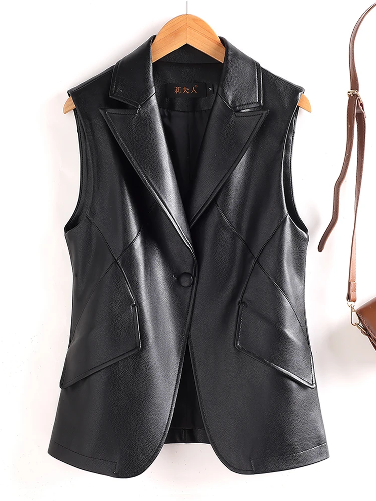 

Fall Winter ort Sle Genuine Leather Vest Women's Slim Fit Waist Cinching Suit Collar Jaet Svel Commute Faion
