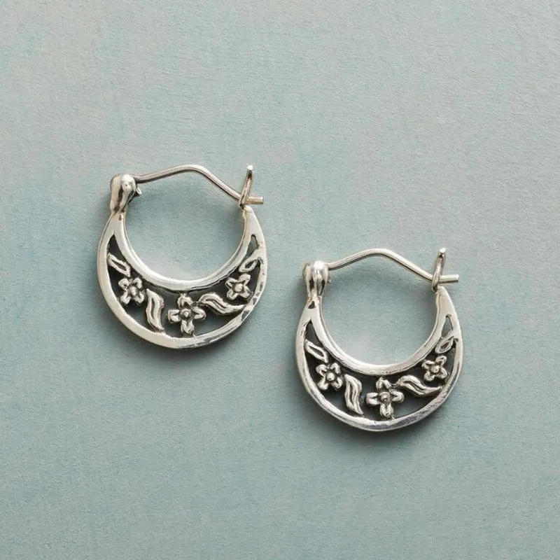 Boho Vintage Simple Flower Earrings  Silver Color  Hoop Earrings for Women