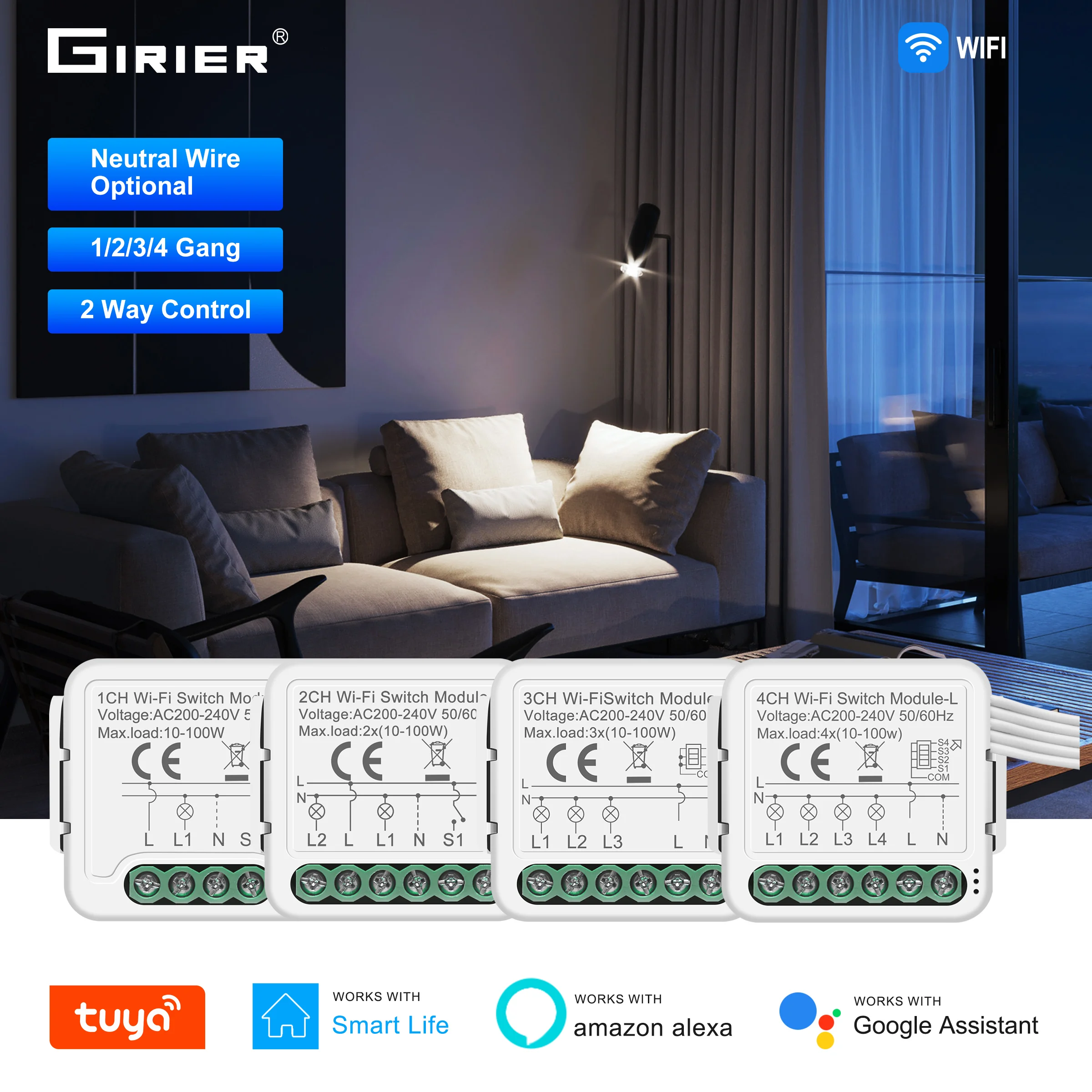GIRIER-Módulo de interruptor de luz WiFi inteligente Tuya, 1, 2, 3, 4 entradas, No Neutral, 220V, compatible con Control de 2 vías, Alexa, Hey,