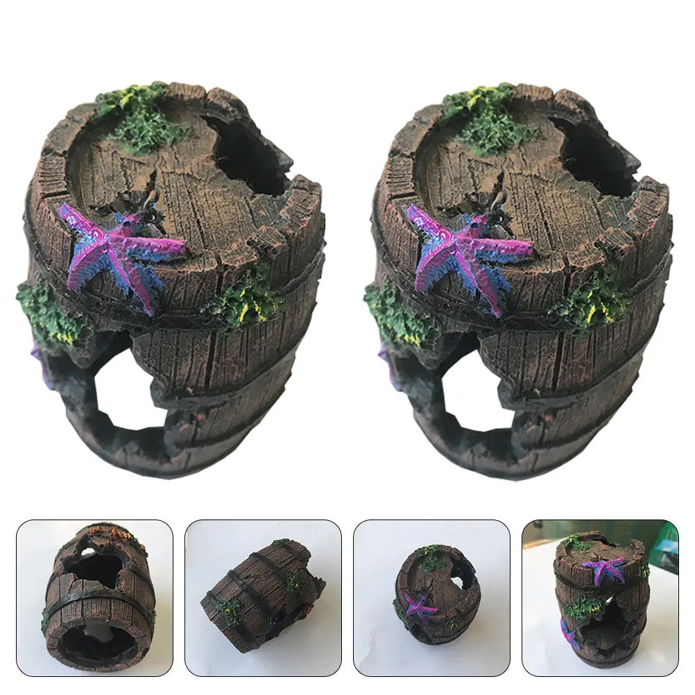 

2Pcs Aquarium Hideout Artificial Wine Barrel Fish Tank Resin Decoration Simulation Ornament Fish Shelter Practical Resin Craft