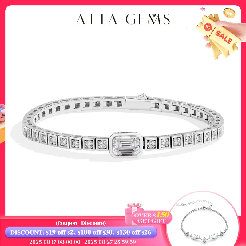 

ATTAGEMS Asscher 8*6mm D VVS1 Full Moissanite Tennis Bracelet For Women Man 925 Sterling Silver Gold Plated Wedding Jewelry Gift