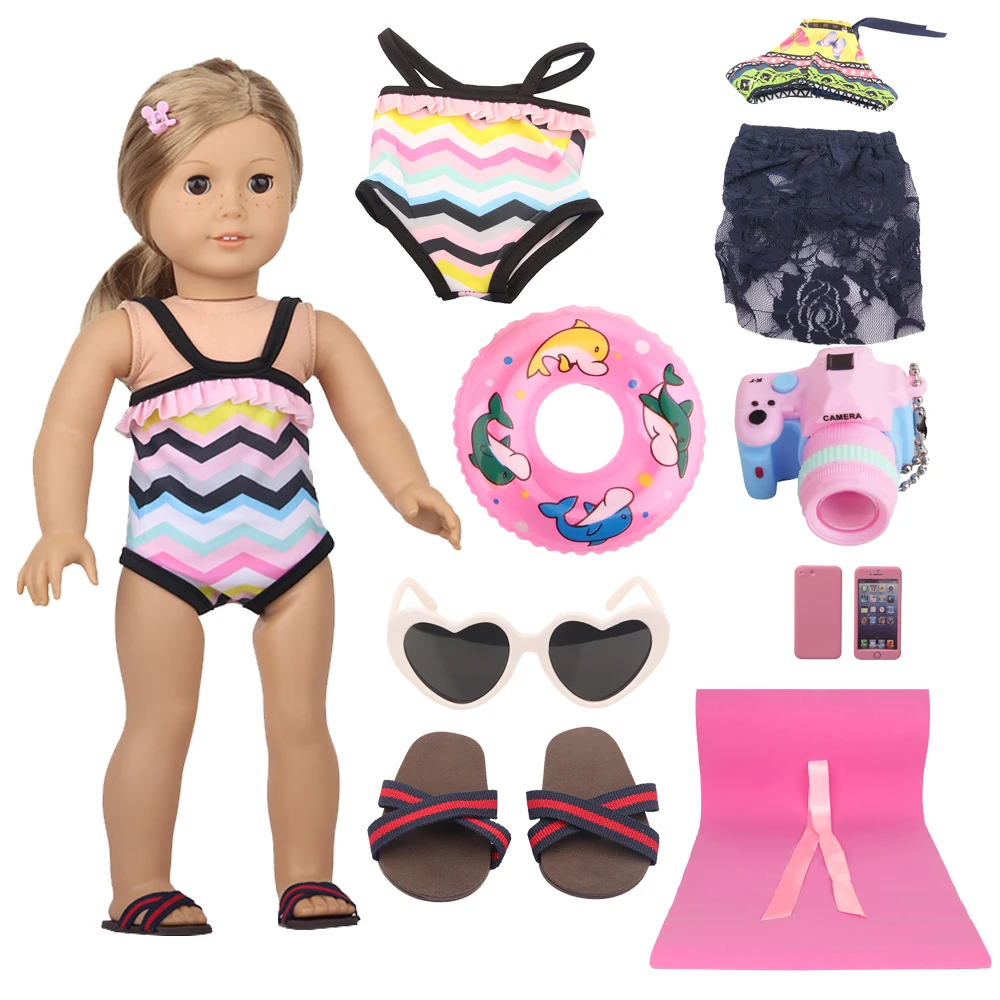 

Colorful Summer Doll Suit SwinSuit Slippers, Swim Rings, Camera, Beach Mat, Sunglasses Set For American 18 inch Girl Doll Toy