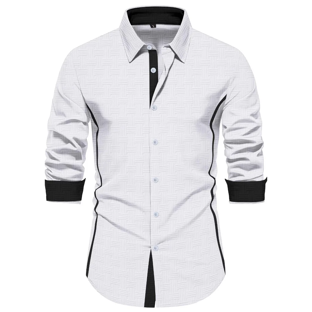 

The new men's textured long-sleeved button-down casual dress shirt with a fitted and relaxed fit is suitable for business occasi