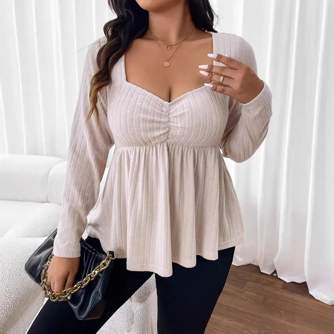 Mid Weight U Neck Top Regular Length Commuter Chic with Pullover Style Long Sleeve Shirts Short Length Women Long Sleeve Shirt