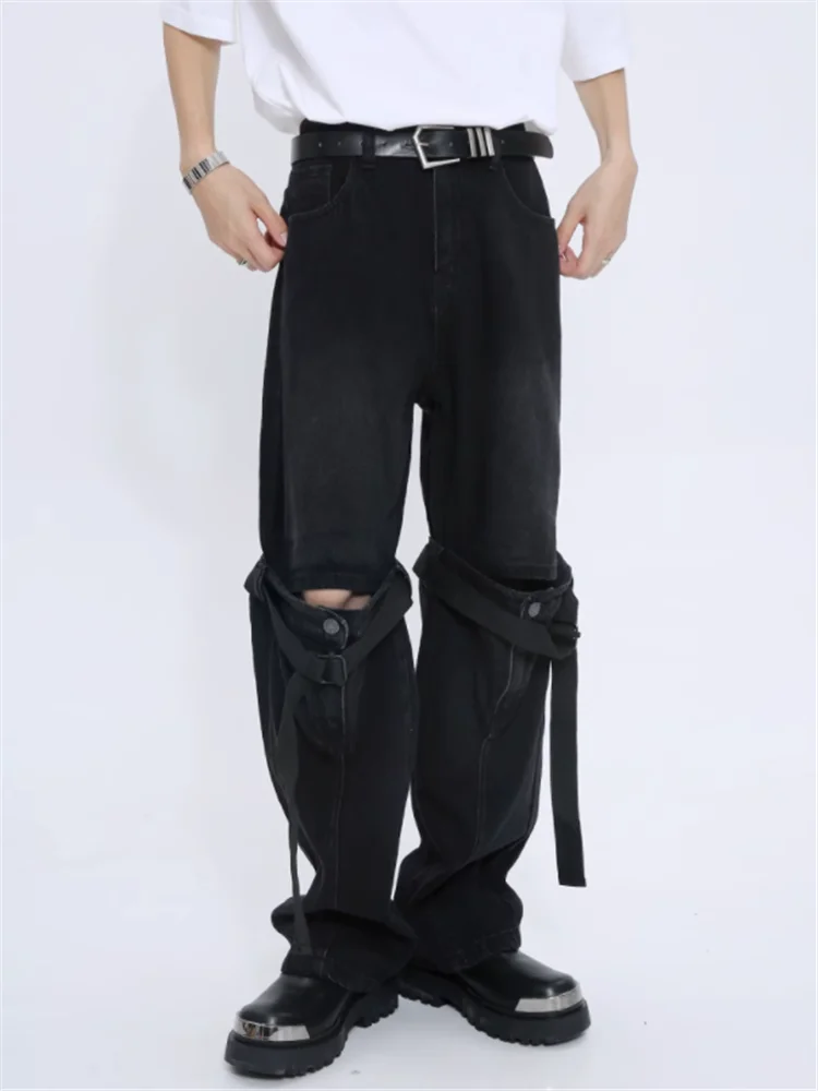 2023 Men's fashion Korean minority knee hole braid design loose straight leg black casual jeans