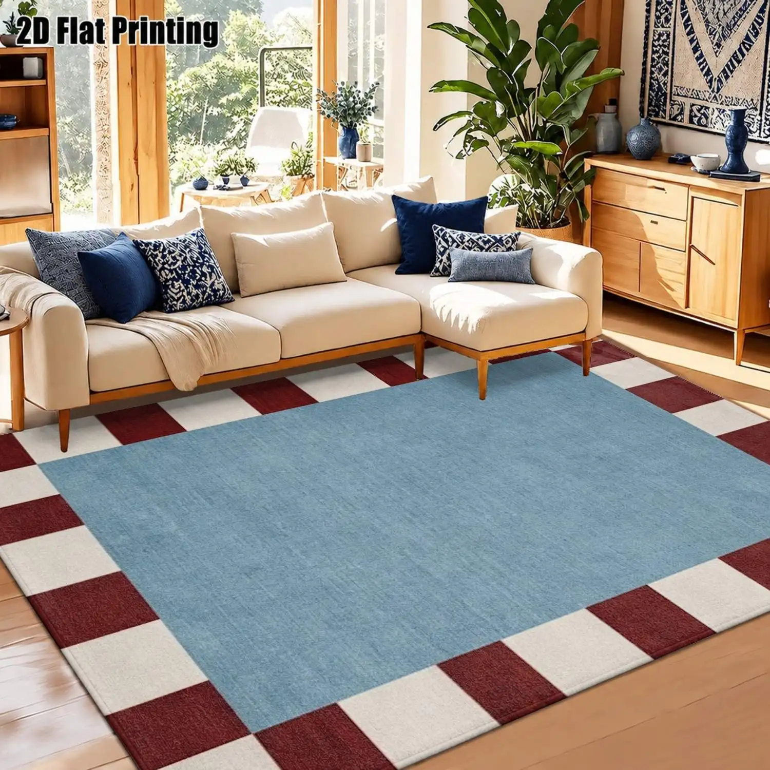 1Pc 2D Printed Carpet: Blue Red White Block Geometric Patterns, Nordic Modern Minimalist European Style, Machine Washable, Multi-Size, Ideal for Home Decor, Door Mats, Dining, Bedroom, Living Room