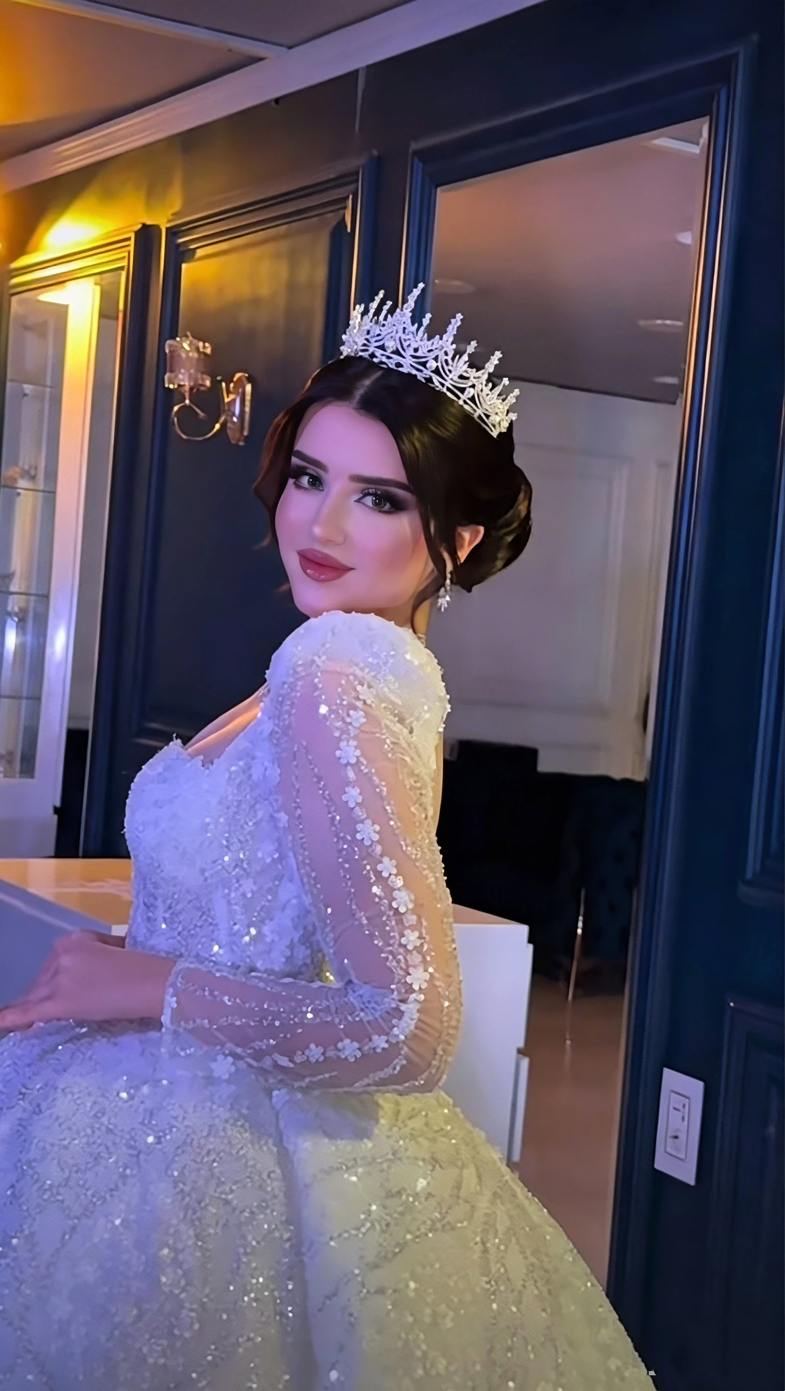 2026 Square Neck Ball Gown Wedding Dress Long Sleeve 3D Floral Sparkly Sequin Lace Bridal Gown Vestido De Noiva Customized view 4