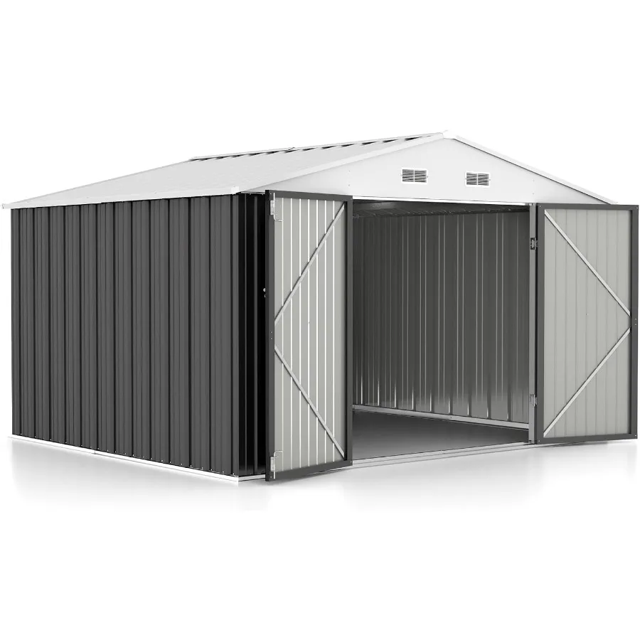 Outdoor Metal Garden Shed with Lockable Door, Waterproof Steel Construction, Gray Finish, Ideal for Backyard, Patio, and Lawn T