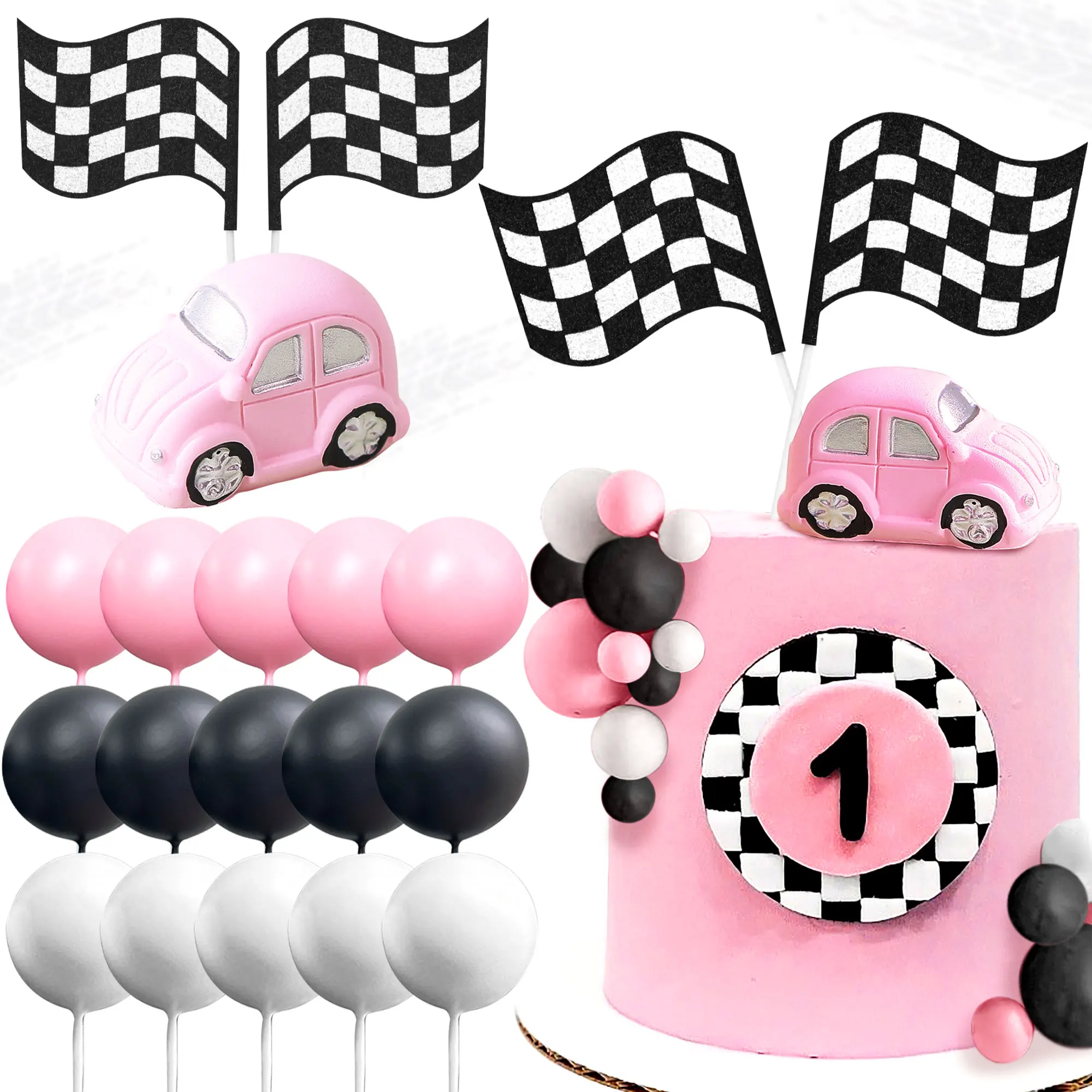 LaVenty Pink Race Car Cake Decorations Car Cake Topper Checkered Flag Cake Topper Growing Up Two Fast Birthday Decorations