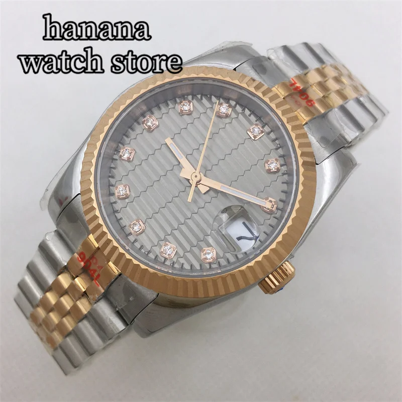 ساعة رجالية ميكانيكية أوتوماتيكية من BLIGER 36 ملم 39 ملم إطار مدمج من الياقوت الوردي الفضي سوار من الفولاذ المقاوم للصدأ