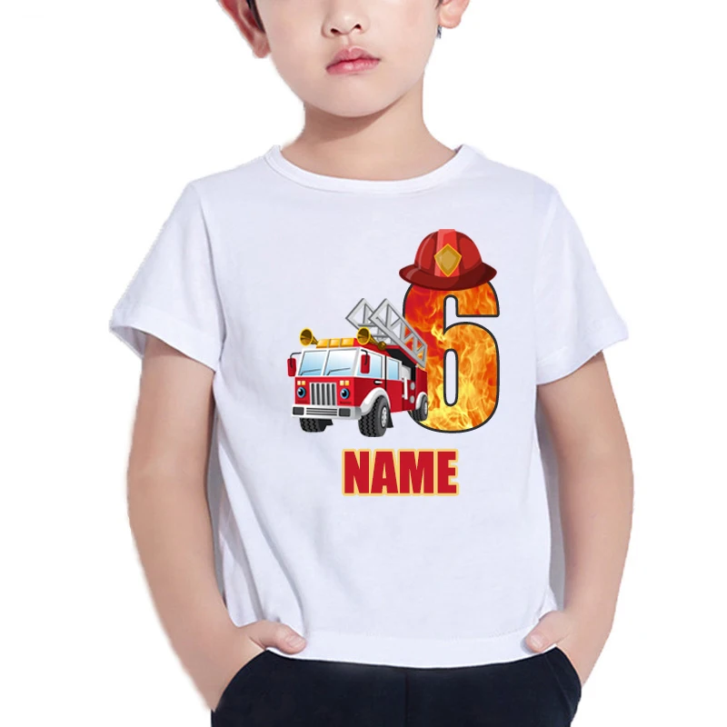 Baby Boys Cool Firefighter Car Birthday Numbers Name T-Shirt Children Girls Happy Birthday T Shirt Kids White Tops