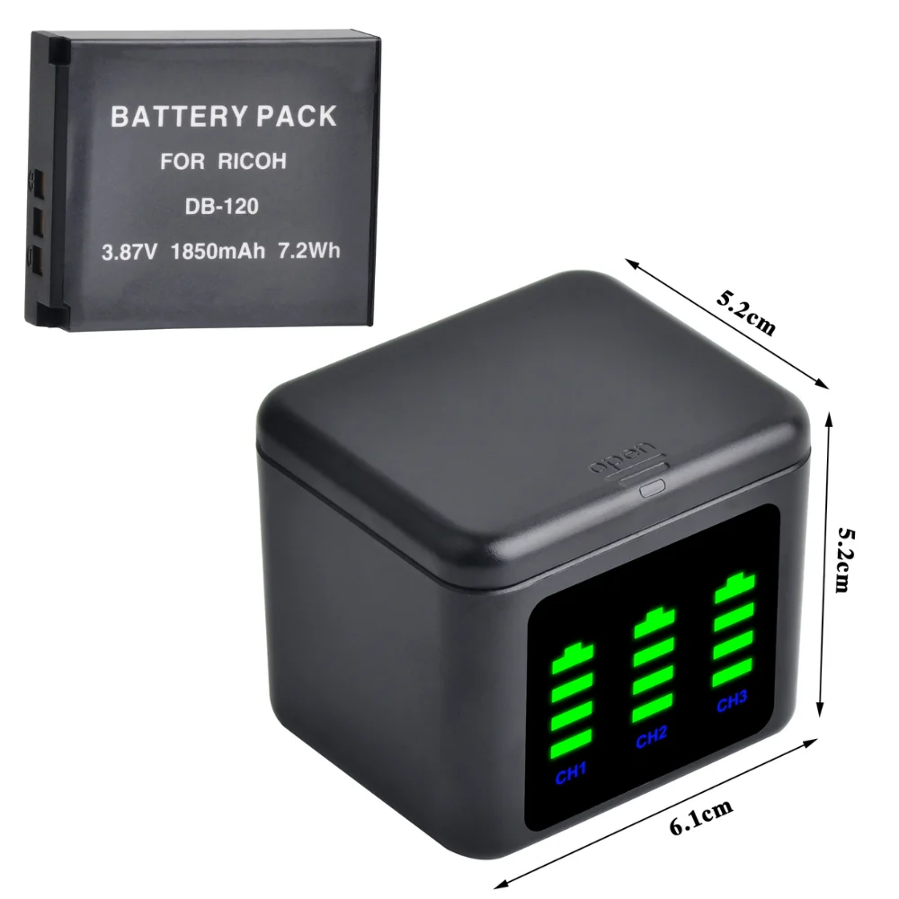 DB-120 Rechargeable Lithium Batteries DB120 DB 120 1850mAh with 3-Slot Charger Box Compatible