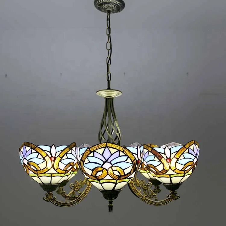 110V-120V 6 Lights LED Pendant Light  Stained Glass Love Patterned Brass Finish Chandelier 35.5Inch Living