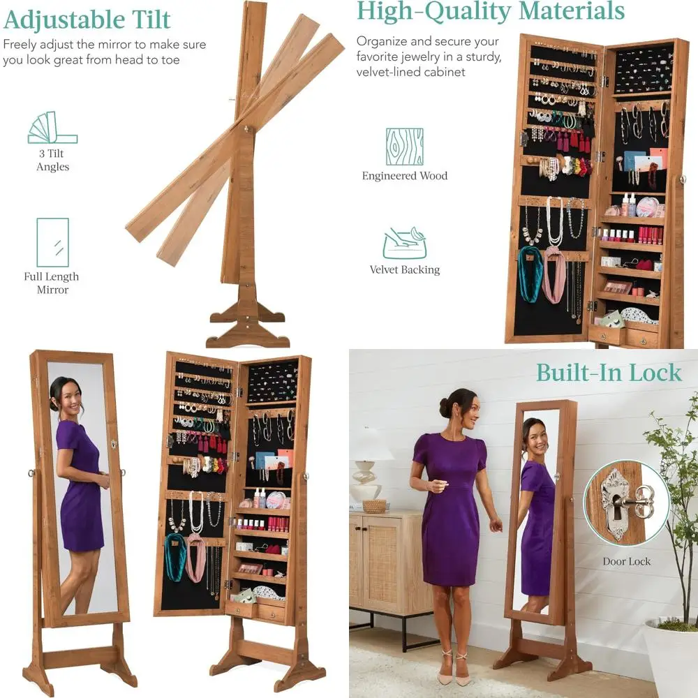 

Коричневый деревянный шкаф для ювелирных изделий в деревенском стиле с зеркалом в полный рост, запираемым хранилищем, бархатной подкладкой, 3 угла, 5 полками, сумкой для аксессуаров