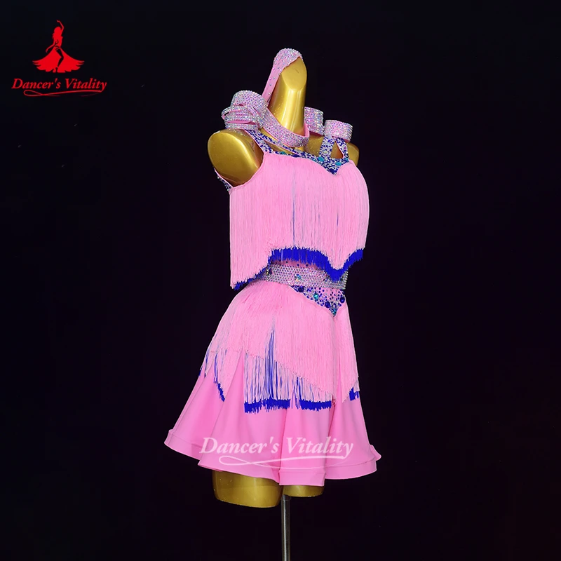 Adult Sleeveless Latin Luxury AB Stones Two-Tone Matching Tassels Dress Customize Dancer's Vitality Chacha Samba Salsa Clothing