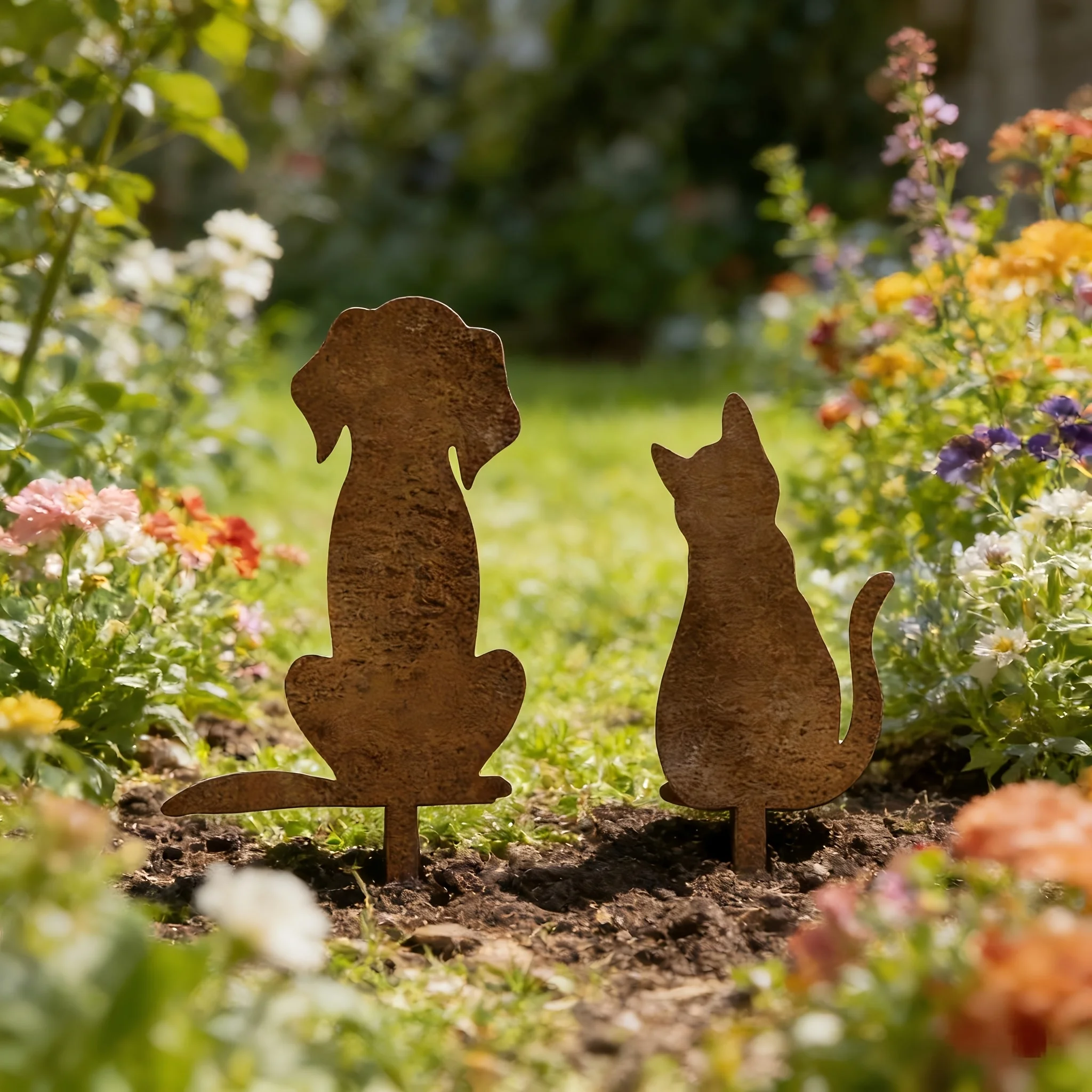 [2D Flat] Creative Rusty Metal Cat and Dog Combination Decorative Ground Stakes, Rustic Style Yard Decor,