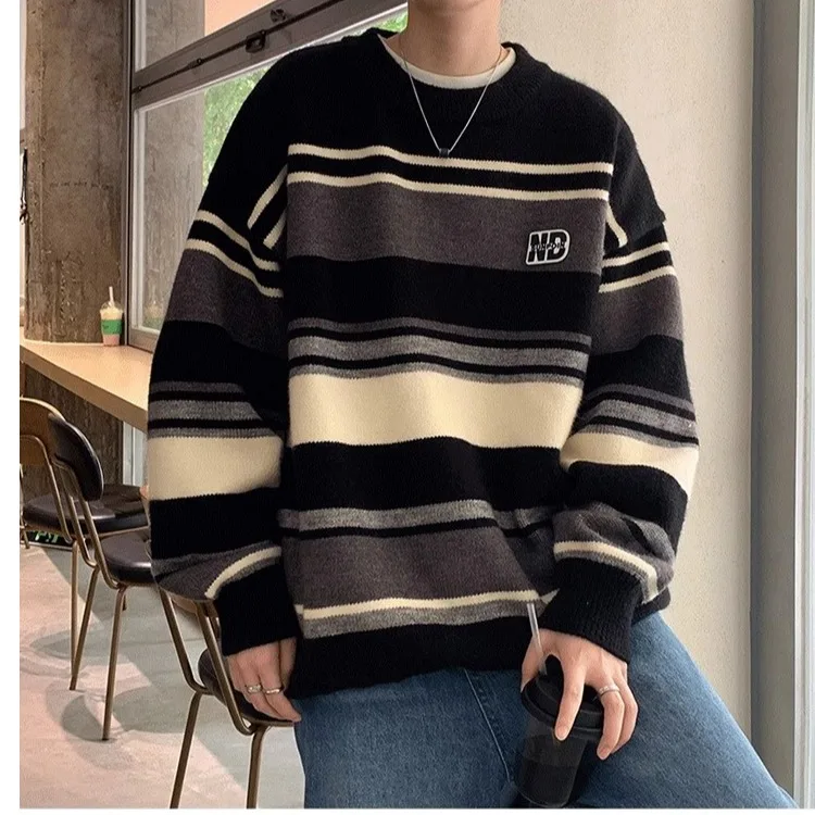 

Модный мужской свитер в полоску с цветовыми блоками, свободного кроя, вязаный, зимний, повседневный, из полиэстера, в стиле ретро, с круглым вырезом, длинный рукав