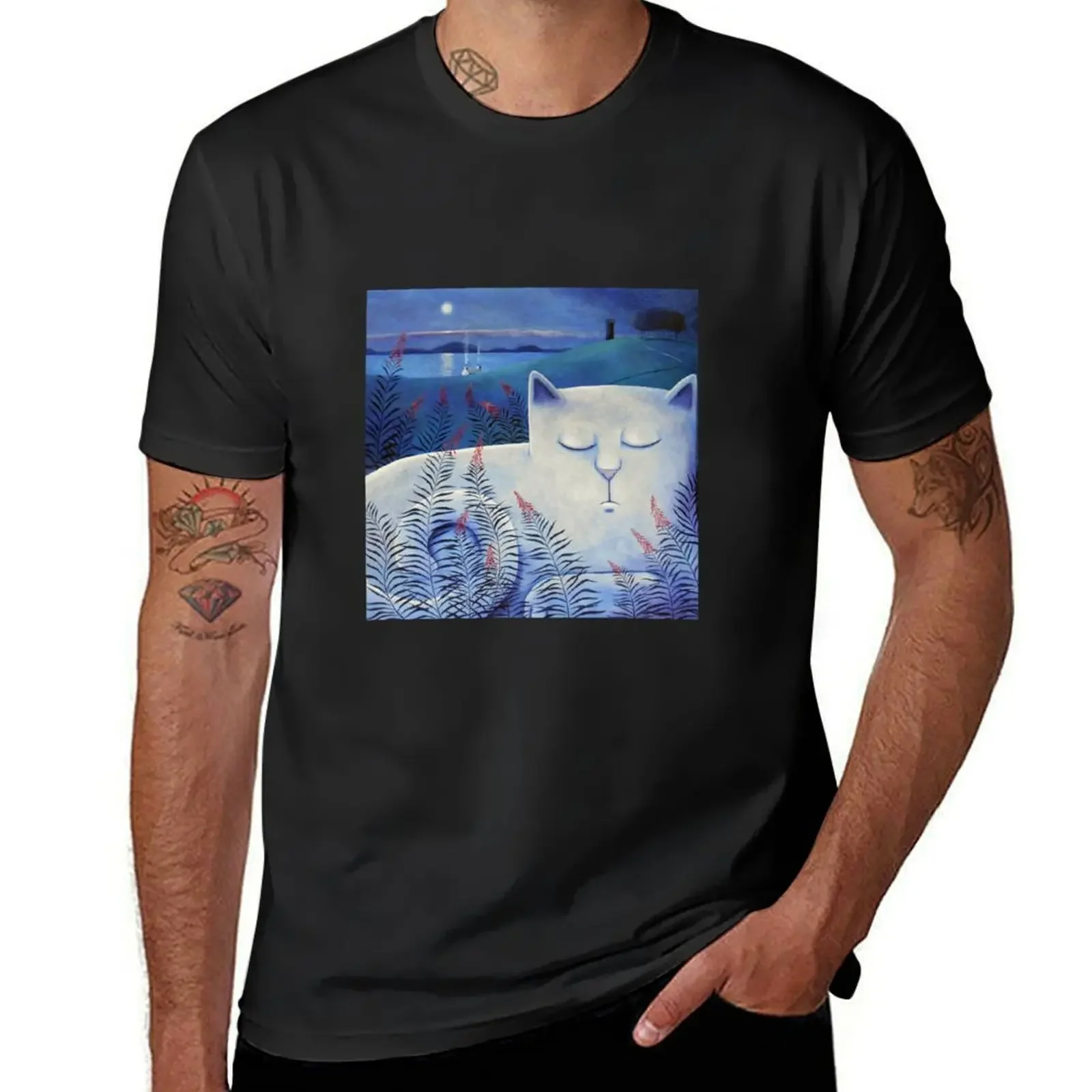 Blind white cat on a moonlit night. T-Shirt blacks oversized graphic tee mens t shirts