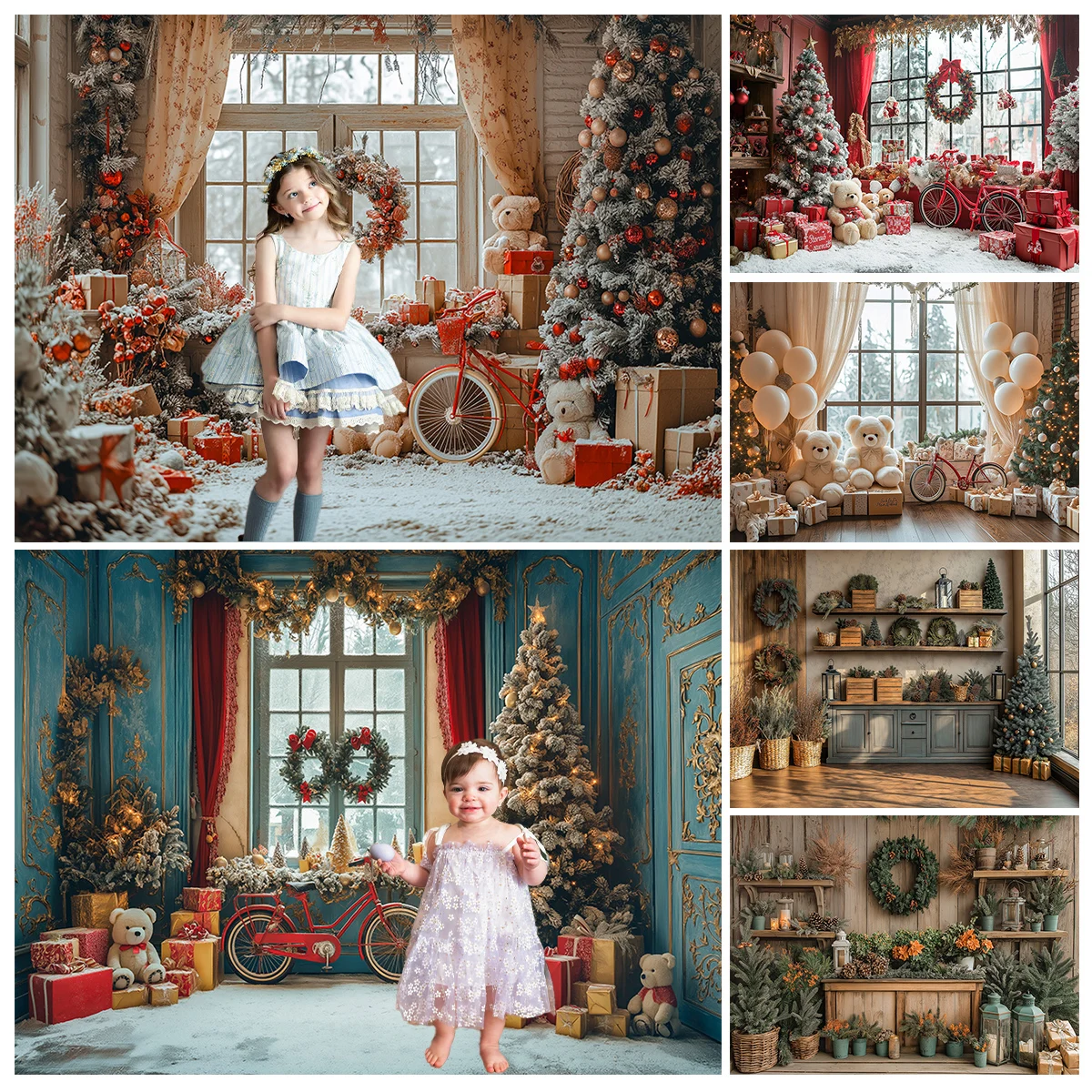 Christmas Streets Bicycle Cottage Backdrops Kids Adult Photography Props Child Photocall Winter Window Snowflake Backgrounds
