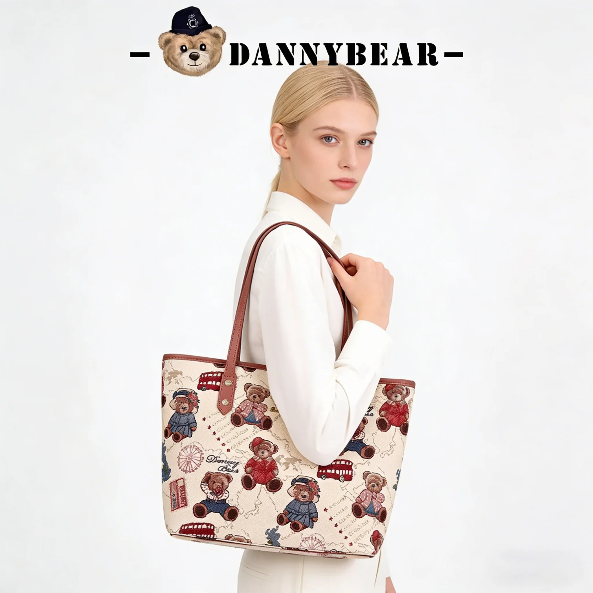 

Danny Bear Women's Tote Bag, Cute Cartoon Bear Print Shoulder Bag, Large Capacity Canvas Handbag for Daily Travel Shopping